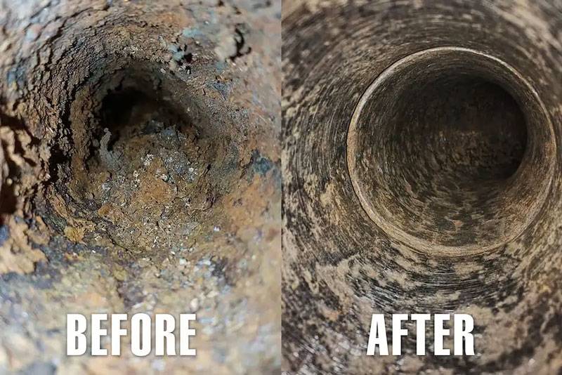 Before & after image of cleaning a drainage pipe in New Jersey
